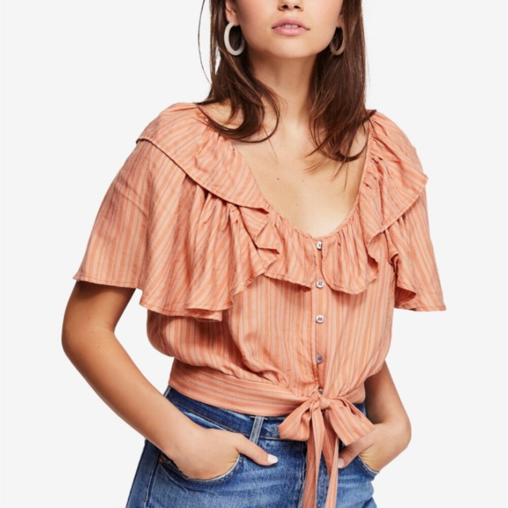 Free People Women's Rosemary Tie Front Crop Top Blouse Medium